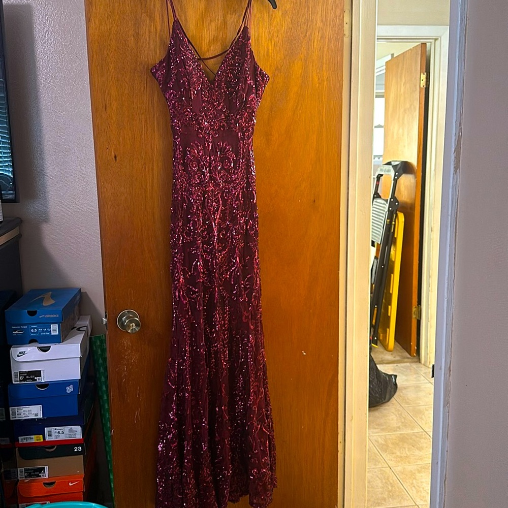 Long sparkly, maroon dress with low back